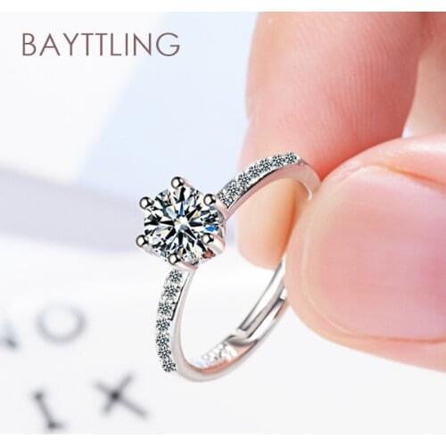 BAYTTLING Hot Sale 925 Sterling Silver Luxury Single Row Zircon Round Open Ring For Woman Fashion Wedding Jewelry Couple Gift