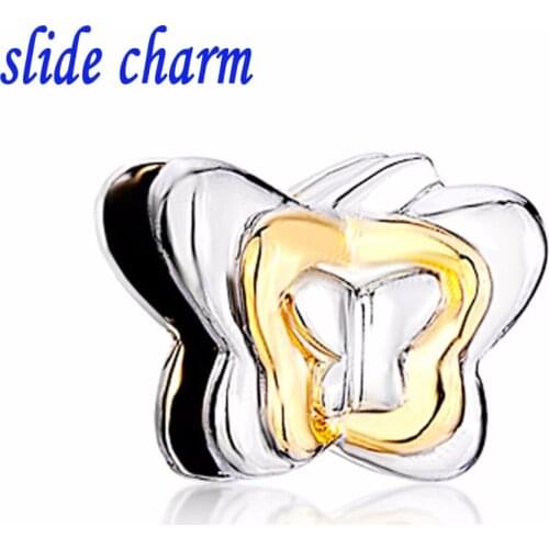 Slide charm Free shipping genuine silver color butterfly beads fit Pandora bracelets charm bracelets and jewelry accessories