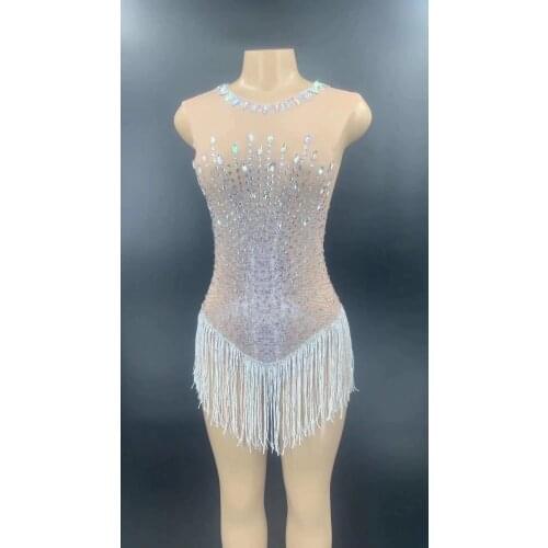 Silver Rhinestone White Fringe Transparent Bodysuit Women Dancer DS Club Outfit Birthday Celebrate Prom Outfit