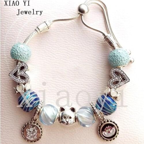XIAOYI 2020 new 100% s925 Blue Cat Pendant love Pearl Glass fashion high grade pull Bracelet Valentines Day gift female