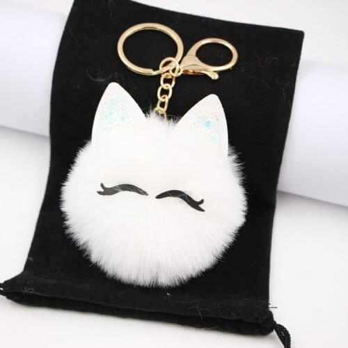 Cute Girl Smiling Eyelashes Ball Bag Pendant Fuzzy Plush Ball Keychain Soft Furry Cute Pom Pom Key Ring for Women Keychains