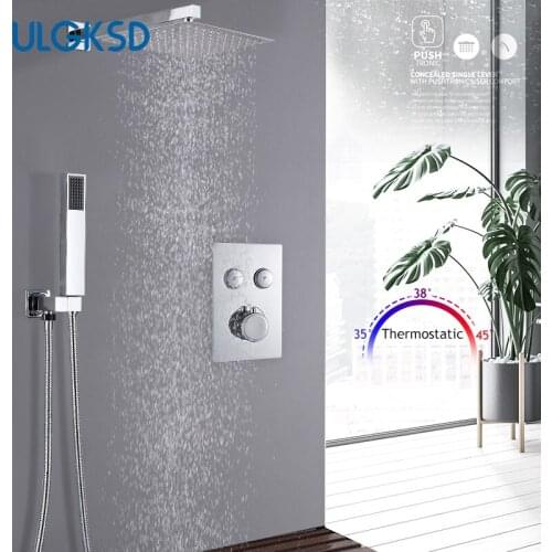 Chrome Thermostatic Shower Set Rainfall Square Shower Head Bathroom Shower System Thermostatic Mixer Valve Tap With Hand Shower