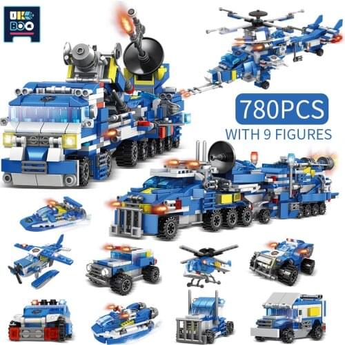 UKBOO 780PCS 8IN1 City Police rescuers Trucks helicopter Model Building Blocks the Officers Patrol Car DIY Bricks Toys for Kid