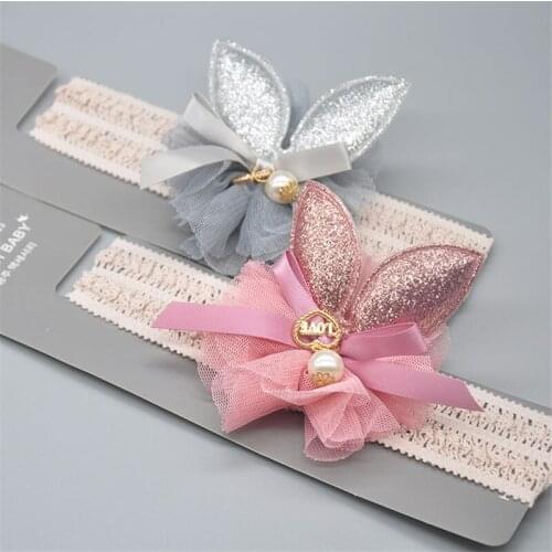 Cute Baby Girl Headband Sweet Rabbit Ears Pearl Bow Hair Band Children elastic hair band headband Lace Hair Accessories