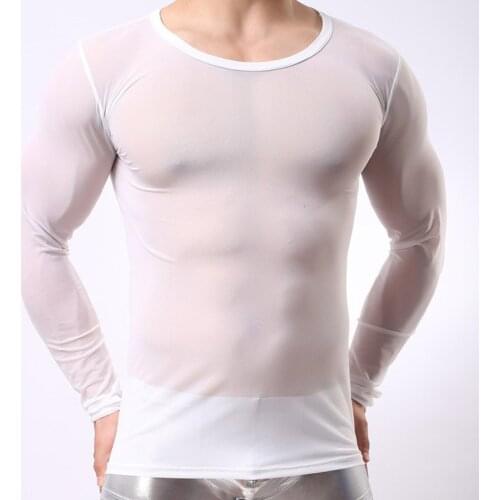 Mens Sexy Transparent T-shirt Sheer See Through Mesh Long Sleeve T Shirt Tops Undershirt Fitness Tight Black/White Lounge Tees