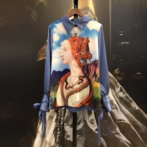 Office Spring Ladies Autumn Elegant Blue Flower Print Bow Blouse+Full-Lenght Pants Women High Quality Sets