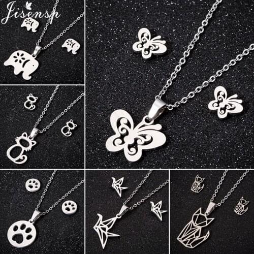 Stainless Steel Dog Paw Necklace Earrings Set for Women Lovely Butterfly Elephant Cat Fox Necklaces Animal Jewelry Sets Collier