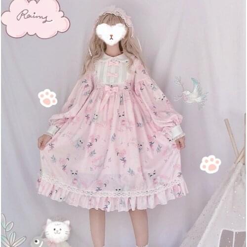 Peony Cat Sweet Womens Lolita OP Dress Fall Winter Long Sleeve Cute Girl Bow Trim One Piece 2 Colors Original Design