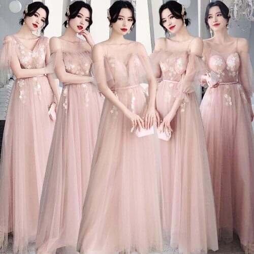 Bridesmaids Dress Illusion Pleat Short V-Neck Embroidery Floor-Length Lace Tulle Off The Shoulder Women Wedding Party Gown E193