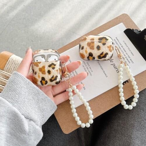Luxury Leopard Pearl Case for Apple Airpods 1 2 3 Bracelet Chain Case for AirPods Pro Case Bluetooth Earphone Accessories Box