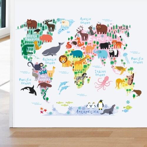 Cartoon Animals World Map PVC DIY Self Adhesive Wall Stickers Bedroom Home Decor For Children Room Decoration Mural Wall Decals