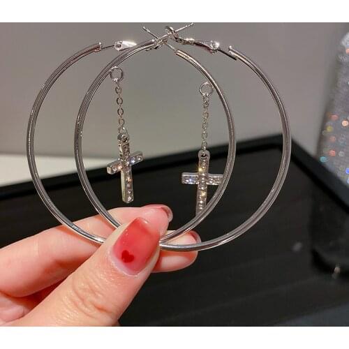 Punk Style Shining Rhinestone Cross Big Circle Hoop Earrings for Women Exaggerated Temperament Earrings Statement Jewelry