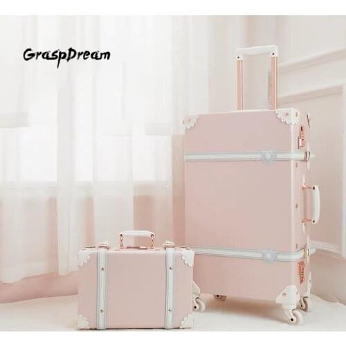 Vintage Luxury travel suitcase set with handbag pu leather trolley luggage valise women cute rolling luggage 20/22/24/26 inch