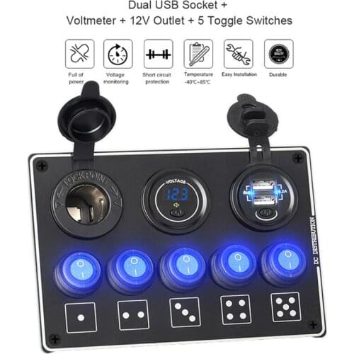 Dual USB Socket Charger 4.2A Voltmeter 12V Power Outlet 5 Gang ON-Off Toggle Switch Panel for Car Boat Marine RV Truck Camper