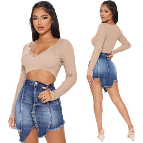 European and American womens fashion stitching wild split asymmetrical temperament commuter bag hip skirt denim skirt