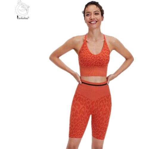 Leopard Seamless Sport Set Women Two Piece 2PCS Crop Top Bra Shorts Workout Outfit Fitness Wear Run Gym Suit Female Yoga Sets