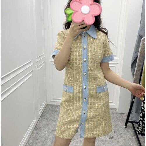 Style New small western sweet wind weave tweed bright silk plaid cowboy splicing female a line dress with short sleeves