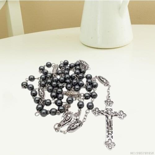 Vintage Religion Rosary Necklace Hematite Stone Round Beads Chain with Jesus Cross Pendant Necklace Catholic Jy30 21 Dropship