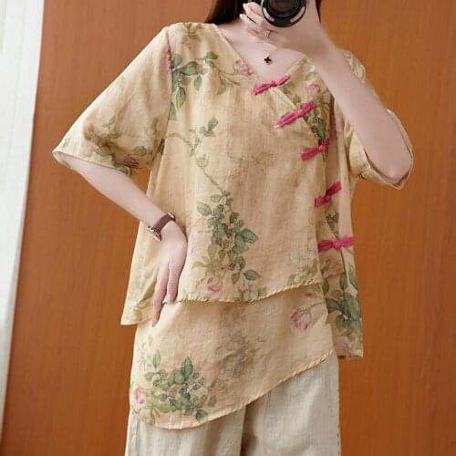 2021 Floral Printed Ladies Chinese Tops Casual Blouse National Chinese Style Hanfu Tops For Women Cotton Linen Thin Blouse 12323