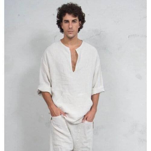 Egypt Saudi Arab Tee Tops Men Linen T-shirt Medieval Viking Pirate Costumes Loose Blouse Full Sleeve Tunic Casual Outfits