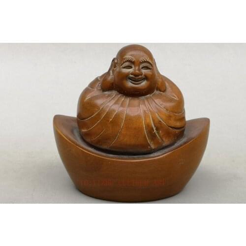 YIZHU CULTUER ART Collection Ornaments Asian China Old Boxwood Hand Carved Happy Maitreya Buddha Family Decoration
