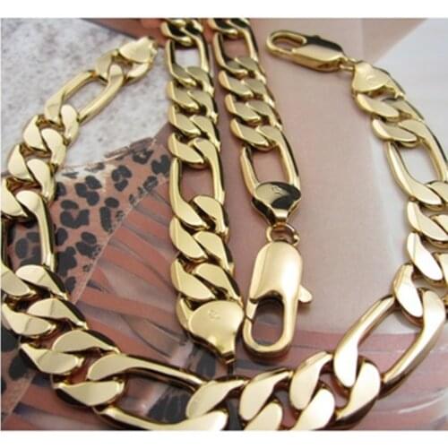 Statement Jewelry Set Yellow Gold Filled Mens Necklace+Bracelet Set