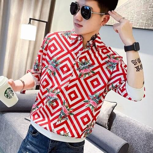 Summer Printed Shirts Men 3/4 Sleeve Pullover Fashion Streetwear Loose Casual Shirt Social Party Nightclub Men Clotes Camisas