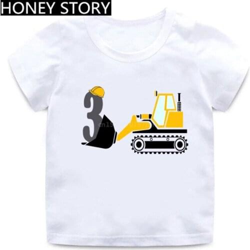 Summer New Fashion T shirt Cartoon Excavator Birthday Number 1-9 Boys T-shirt Baby Girls Tops Funny Present Kids Clothes Gift