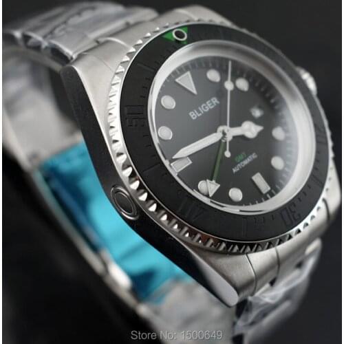 BLIGER Big 43mm Ceramic Bezel black dial green GMT automatic Date Day steel strap mens watches