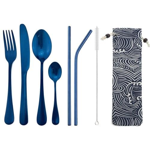 8 Pcs/Set Luxury Mirror Blue Flatware Set Stainless Steel Dinnerware Cutlery Set Portable With Straws Bag Silverware For Travel