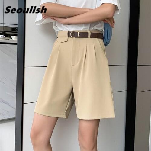 Seoulish 2021 New Summer Womens Half Suit Pants with Belted High Waist Wide Leg Pants Elegant Loose Trousers Pocket