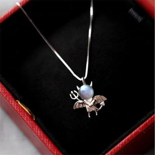 New Temperament Moonstone Small Devil 925 Sterling Silver Jewelry Female Cute Girl Fairy Crystal Clavicle Chain Necklaces H509