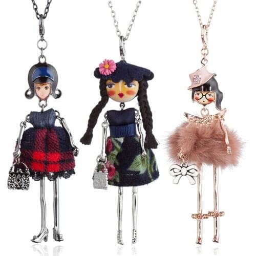 Lovely Fur Plaid Dress Dancing Girls Pendant Necklace Long Hair Doll Statement Long Chain Necklace For Women Maxi Jewelry Bijoux