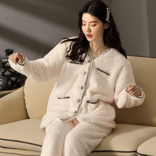 Women Pajamas Two-piece Milky White Long-sleeved Top and Trousers for Winter Thickening Plus Velvet Loose Plus Size Home Service