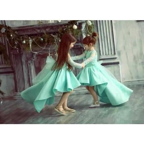 High Low Kids Flower Girl Dresses For Weddings Girls Pageant Dresses Arabic Sheer Long Sleeves Lace Appliqued Birthday Party