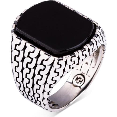Chain Style Silver Men Ring Plain Model Men Ring Handmade Black Onyx Gemstone Men Silver Accessories