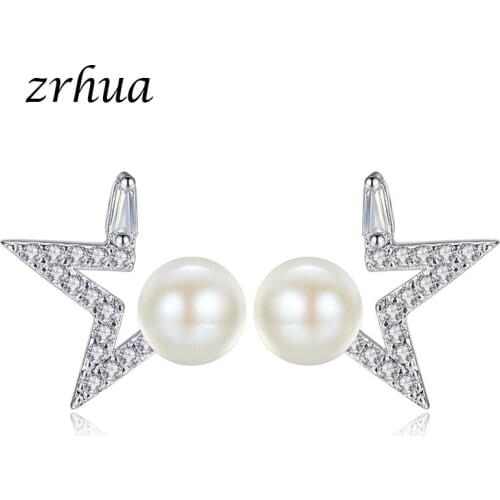 ZRHUA 925 Sterling Silver Pearl Stud Earrings For Women Fashion Shiny Cubic Zirconia CZ Wedding Earring Jewelry Accessories