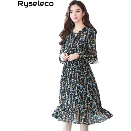 Girls Sweet Flower Prints Chiffon Autumn Elegant Women Dresses New Bow Long Sleeve Ruffles Bow Lace Up Party Basic Midi Vestidos