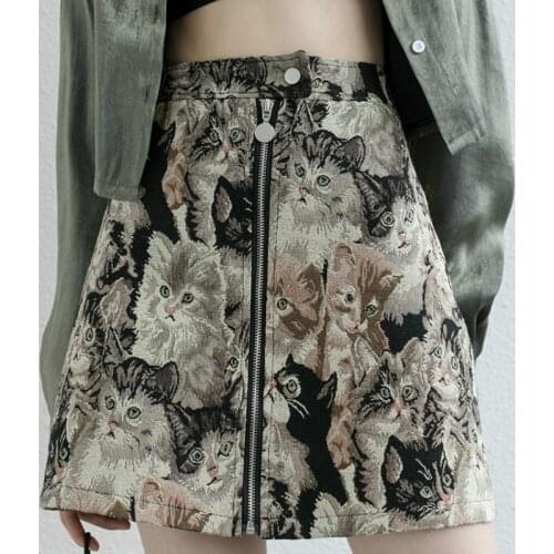 Harajuku Women Cat Pattern Skirts Korean High Waist A-Line High Waist Falda Mujer Vintage Cartoon Streetwear Female Skirt