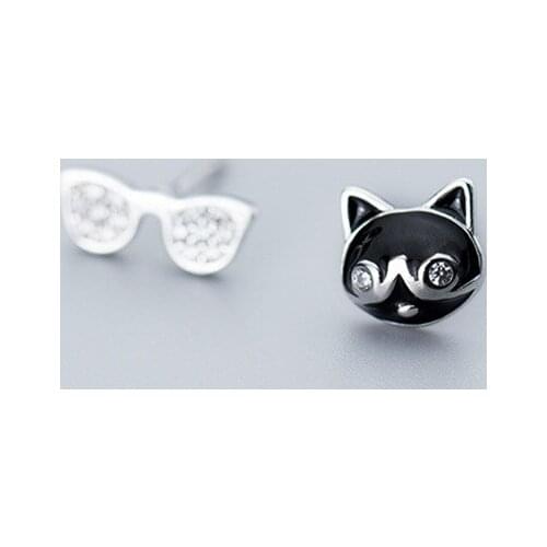 MloveAcc Cool Black Cat and Glasses Stud Earrings Genuine 925 Sterling Silver Women Earrings Jewelry
