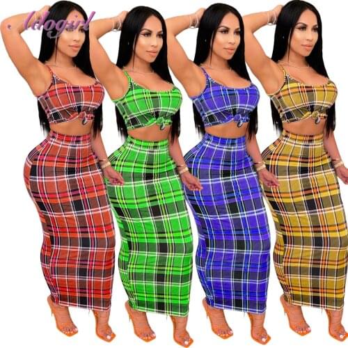 Women Streetwear Skirt Suit Plaid Print Two Piece Set 2021 Casual Sleeveless Tank Top Long Skirt Outfit Party Club Matching Set