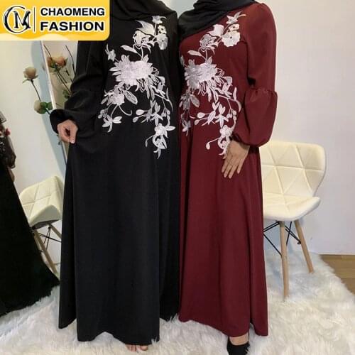 2021 Flowers Embroidery Latest Design Muslim Women Dresses Maxi Turkey Kaftan Dubai Abaya Ramadan Islamic Clothing Dress