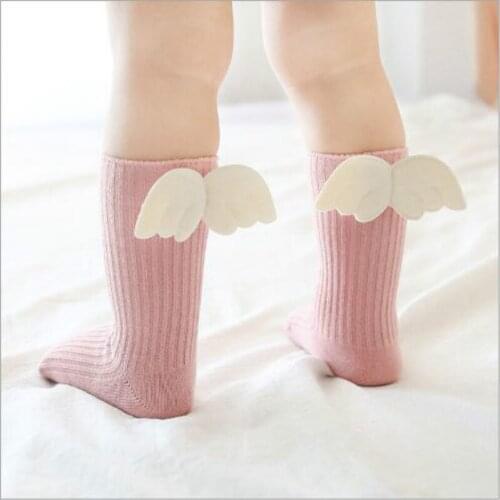 1 Pair Cute Girl Sock Cute Childrens Socks Solid Color Combed Cotton Baby High Socks Double Needle Wings Girls Pile Sock