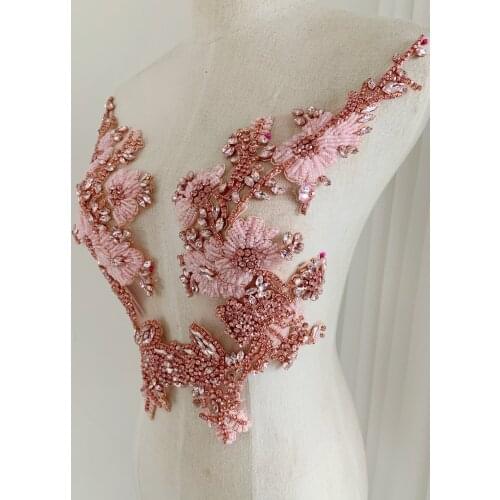1pair Pink Rhinestone Applique French Bead Bodice Patch Bead Applique For Couture Costume Bridal Dress Ball Gown