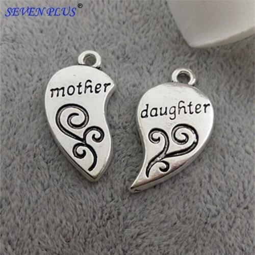 High Quality 10 Pieces/Lot Diameter 28mm Antique Silver Plated Heart Shaped Mother And Daughter Charm
