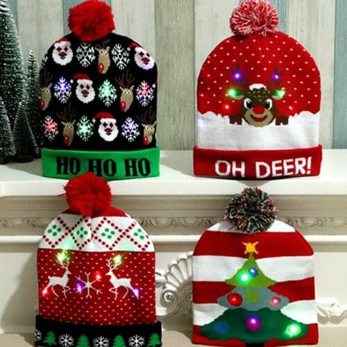 10pcs/lot Xmas Party Glow Knitted Hat Adult Kids Knitted Christmas Hat Colorful Glowed Knit Caps Christmas Decorations For Home