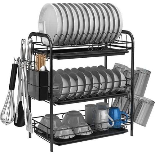 2/3 Tiers Dish Drying Rack Holder Basket Plated Iron Home Washing Great Kitchen Sink Dish Drainer Drying Rack Organizer Black