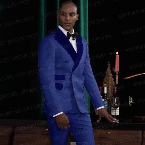 2020 Royal Blue Mens White Wedding Suits 2 Pieces Set Fashion Designs Gold Collar Groom Prom Dinner Dress Tuxedo Blazer Pants