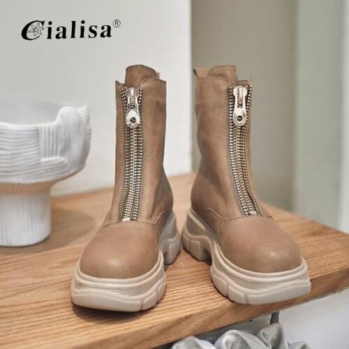 CIALISA Women Shoes Chunky Heels Genuine Leather New Design 2020 Fashion Chelsea Boots Front Zipper Platform Ankle Boot Women