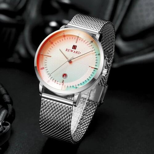 REWARD Mens Watches New Fashion Top Brand Luxury Quartz Watch Men Color Changing Table Mirror Steel Mesh Waterproof Wrist Watch